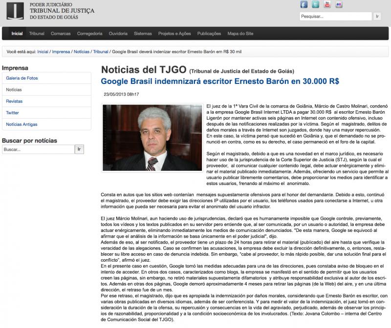 Google Brasil must compensate the writer Ernesto Baron